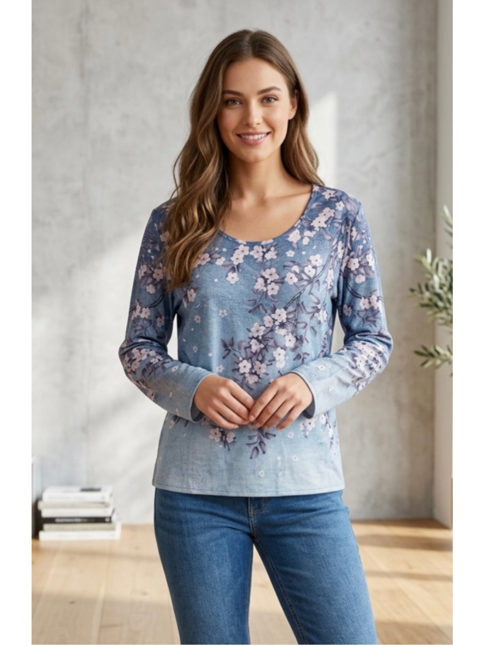 Women long sleeve blue white cherry blossoms floral blouse shirt size 1XL XL NEW